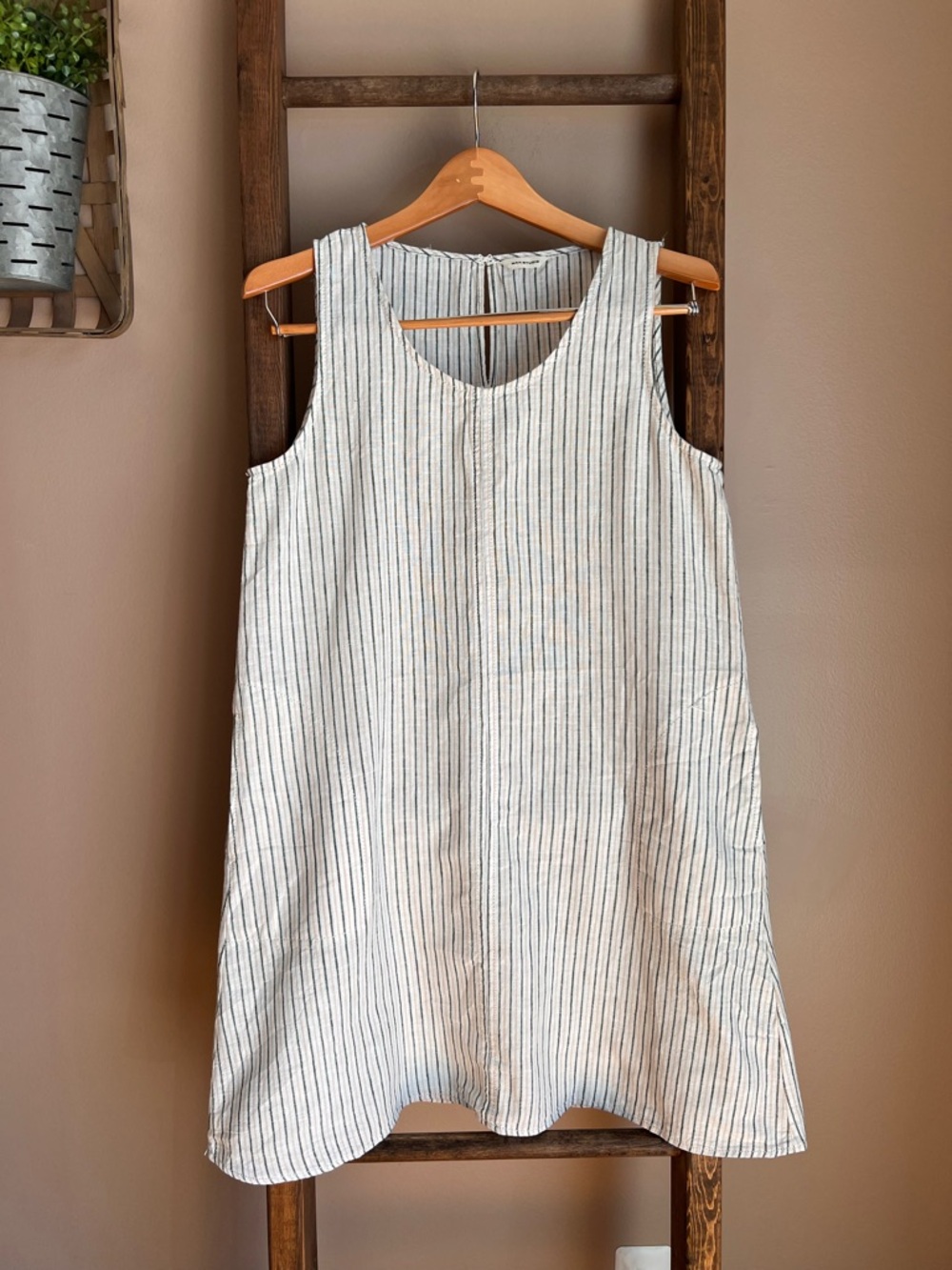 Max Studio Striped Linen Tank Dress - White with Thin Green Stripes